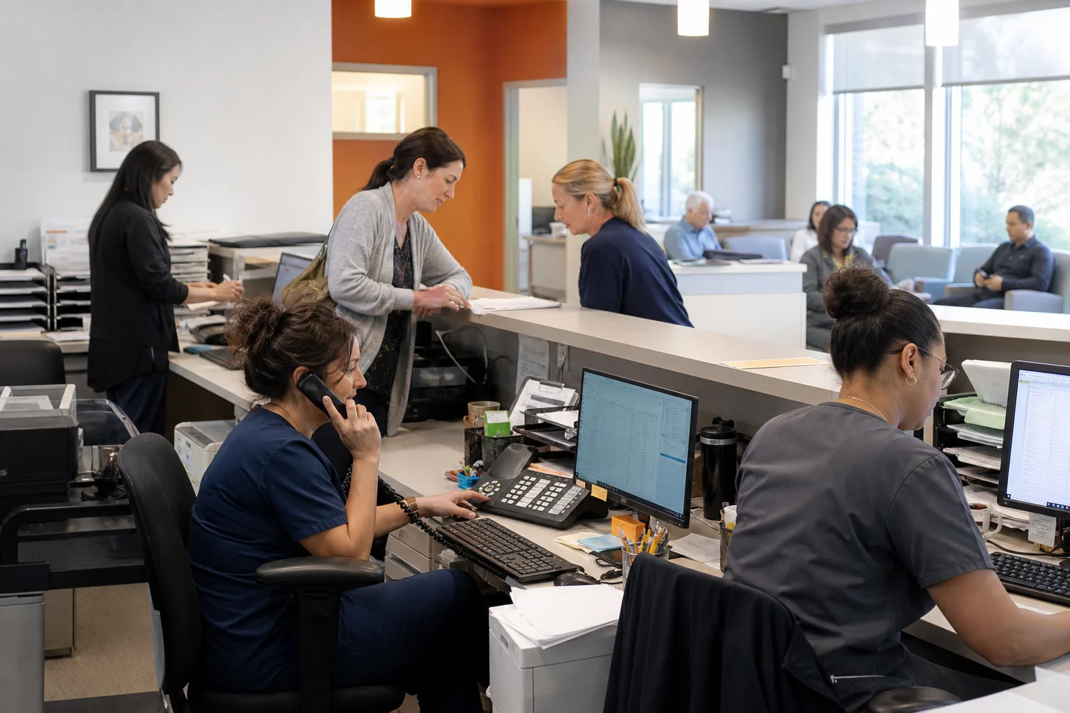 Busy medical office staff coordinating billing, patient intake and administrative workflows